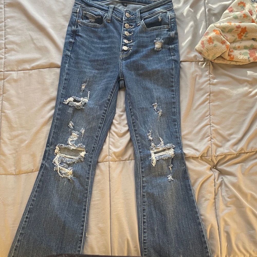 Judy Blue Distressed Flare Jeans in Classic Blue